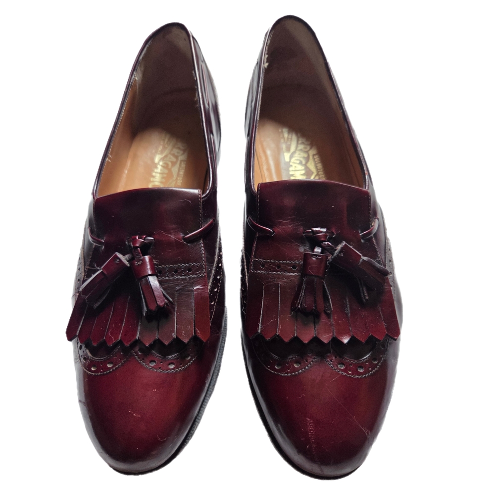 Vintage Salvatore Ferragamo  Kiltie Burgundy Tassel Loafers Size 10B
